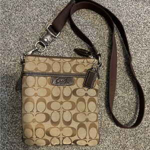 Coach crossbody, brown and tan. Bag is 9”X7” without the strap.